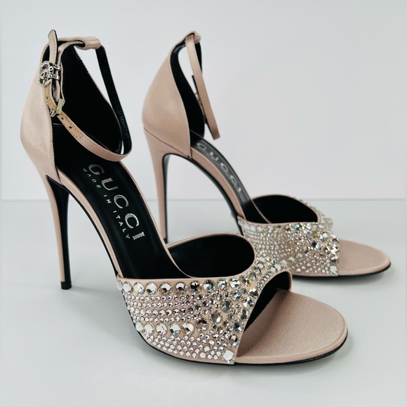 Gucci Crystal Embellished Skin Rose Satin Heel Ankle Strap Bridal Sandals EU 40 - Picture 10 of 10